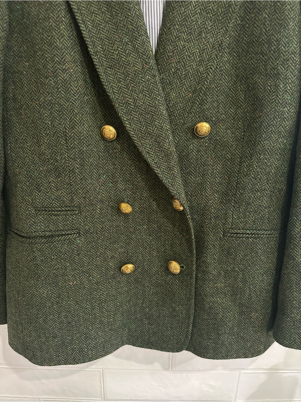 J.Crew Womens Size 16 Herringbone Green Moon English Wool Tweed Double Breasted - Picture 3 of 7